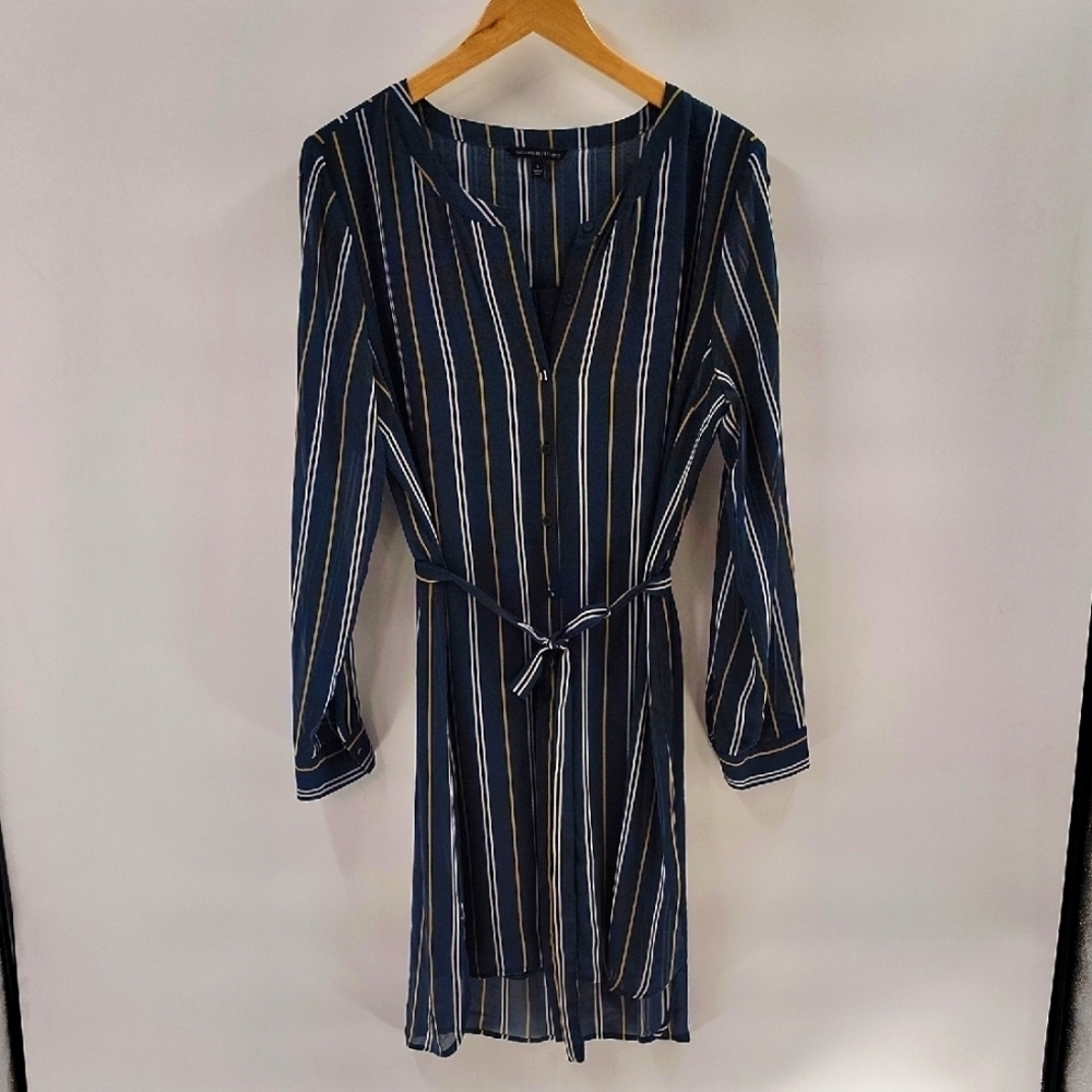 Signature Studio Button Down Dress Size Large Green Striped Sheer Sleeve W Belt